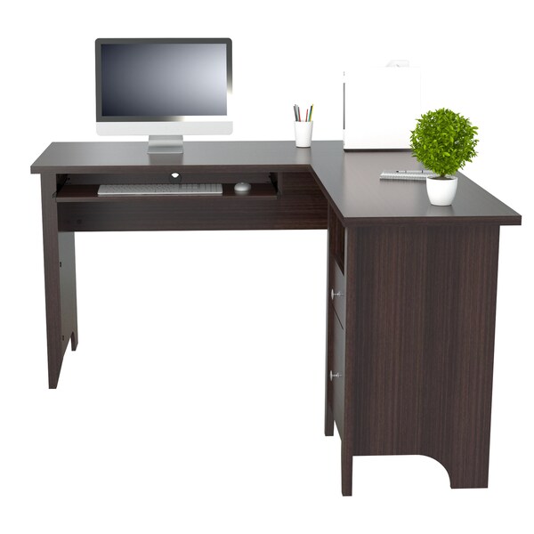 Inval Computer Writing Desk 53.1 in.W Espresso L-Shaped 2 -Drawer with Keyboard Tray - ET-3815