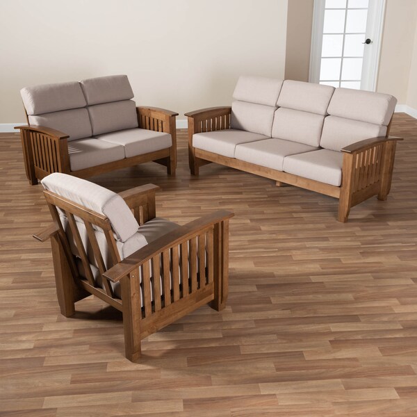 Baxton Studio Charlotte Taupe Upholstered Walnut Finished Wood 3-PC Living Room Set - 162-9797-9798-9799