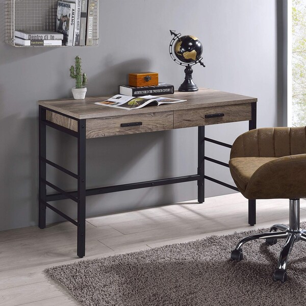 Acme Wooden Writing Desk with USB Port in Light Weathered Oak and Black - ER-024LOW