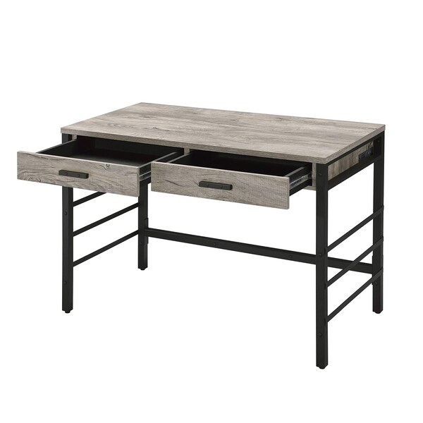 Acme Wooden Writing Desk with USB Port in Light Weathered Oak and Black - ER-024LOW