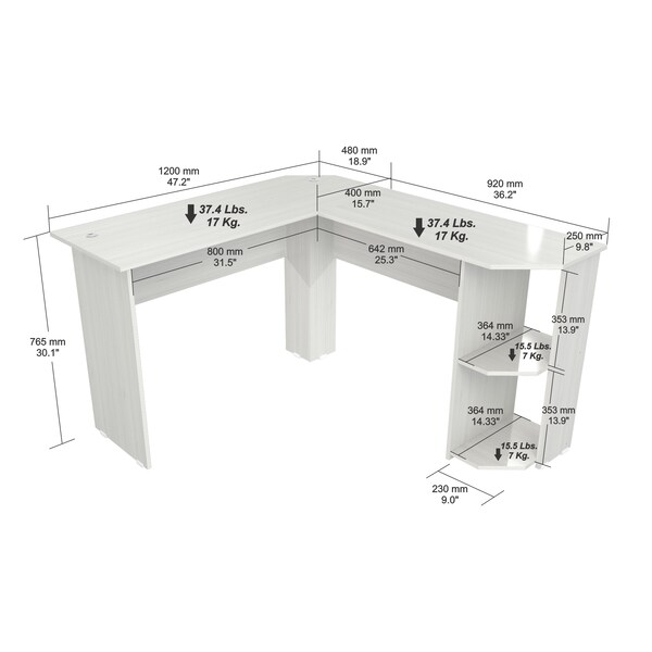 Inval Writing Desk 47.2 in.W L-Shaped Washed Oak Writing Desks with Storage - ET-4215