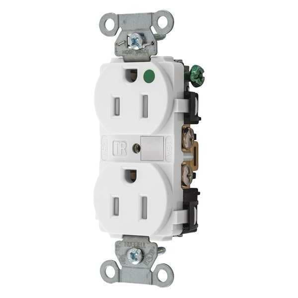 Hubbell Receptacle, 15 A Amps, 125V AC, Flush Mount, Standard Duplex Outlet, 5-15R, White - 8200WTRA