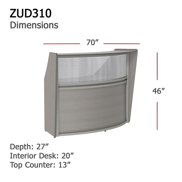 Linea Italia Curved Reception Desk with Counter, Clear Panel, 72 inW x 32 inD, Ash - ZUD310