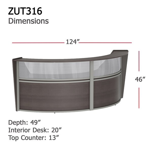 Linea Italia Curved Reception Desk 2 Units, Clear Panel, 124 inW x 49 inD, Mocha - ZUT316