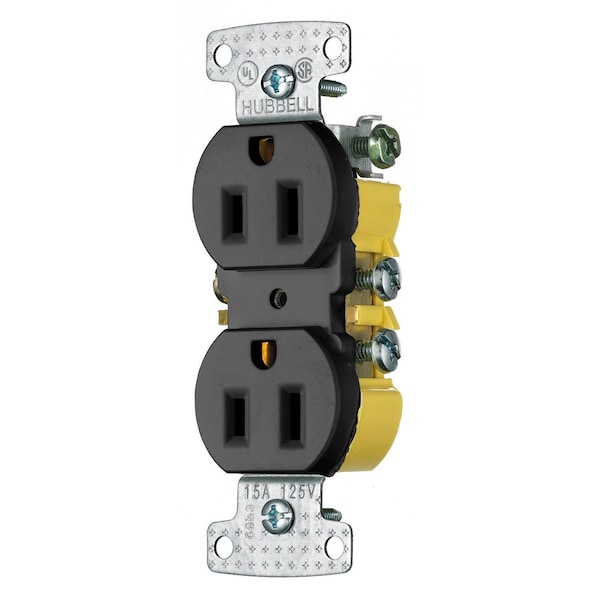 Hubbell Wiring Device-Kellems TradeSelect, Straight Blade Devices, Receptacles, Residential Grade, Duplex, 15A125V, 2-Pole 3-Wire Grounding, 5-15R, Push Terminals, Black - RR15BK