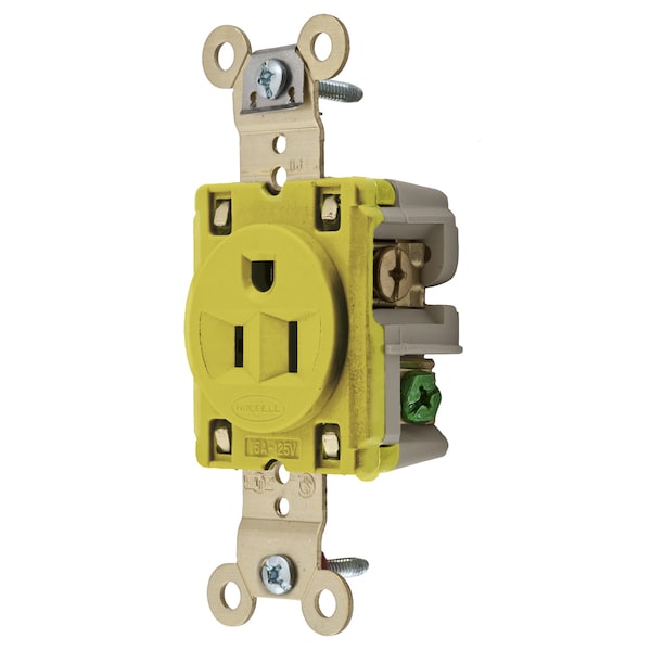 Hubbell Wiring Device-Kellems Straight Blade Devices, Receptacles, Single, Industrial Grade, 2-Pole 3-Wire Grounding, 15A 125V, 5-15R, Yellow, Single Pack, Ring Terminal. - HBL5261YRT