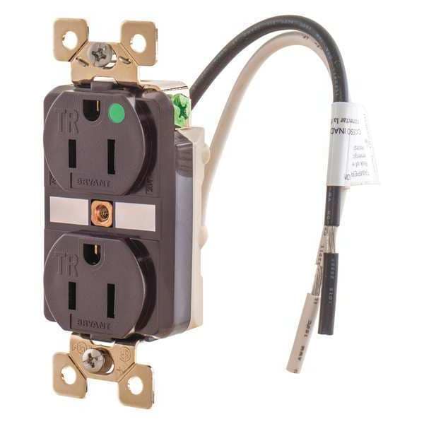 Zoro Select Receptacle, 15 A Amps, 125V AC, Flush Mount, Standard Duplex Outlet, 5-15R, Brown - BRY8200TR