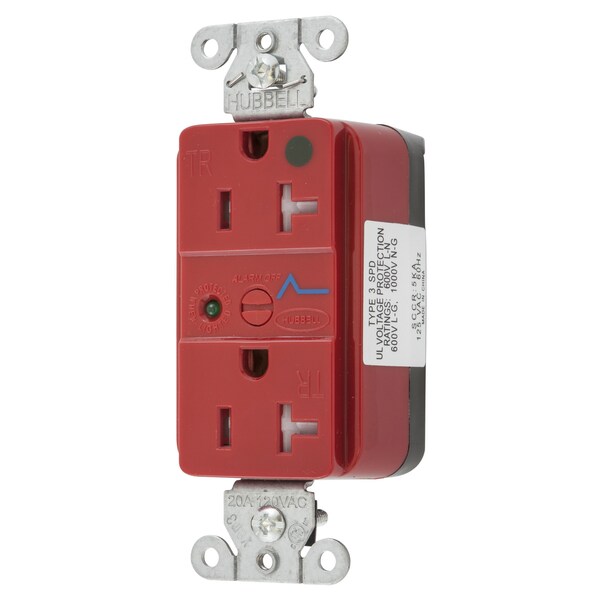 Hubbell Wiring Device-Kellems Straight Blade Devices, Decorator Duplex Receptacle, Hospital Grade, SNAP-Connect, Surge supression, Tamper Resistant, LED Indicator, 20A 125V - SNAP8362RS