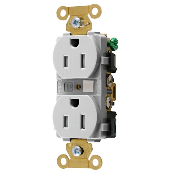 Hubbell Wiring Device-Kellems Straight Blade Devices, Tamper Resistant Duplex Receptacle, Industrial Grade, 15A 125V, 2-Pole 3-Wire Grounding, 5-15R, White - HBL5262WTR