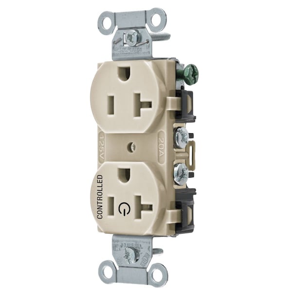 Hubbell Wiring Device-Kellems Straight Blade Devices, Receptacles, Duplex, 1/2 Load Controlled, 20A 125V, 2-Pole 3-Wire Grounding, 5-20R, Back and Side Wired, Light Almond - BR20C1LA