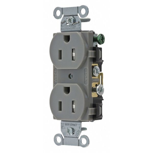 Zoro Select Receptacle, 15 A Amps, 125V AC, Flush Mount, Standard Duplex Outlet, 5-15R, Gray - CBRS15GRYTR