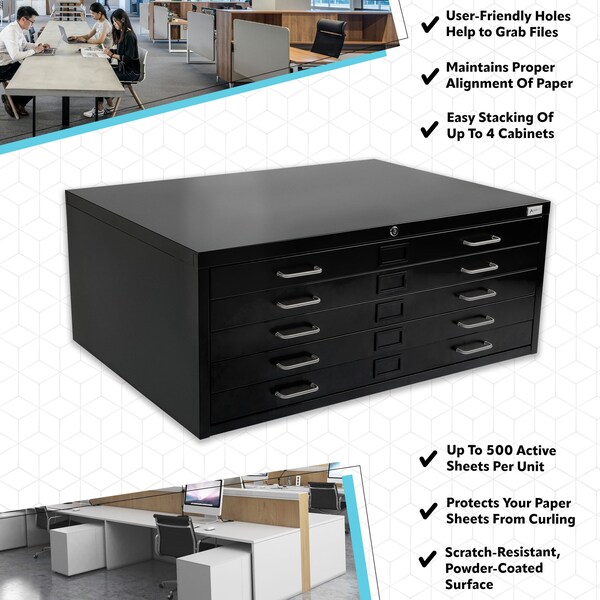 Adiroffice 5-Drawer Flat Large Document and Blueprint File Cabinet in Black - ADIOF500-02-MK