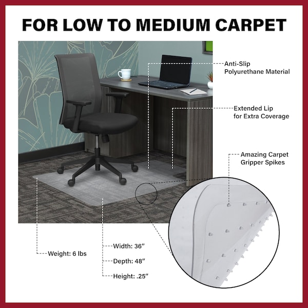 Regency Regency Gripper Office Chair Mat for Carpet with lip, Thick 2.2mm, 36 x 48 inch - Clear - CMC3648CL