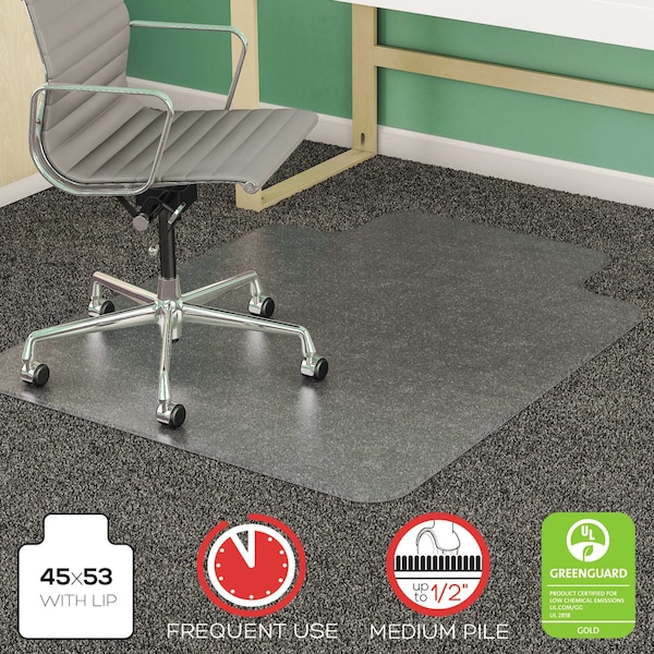 Deflecto Chair Mat 45"x53", Traditional Lip Shape, Clear, for Carpet, Thickness: 1/2" - CM14233