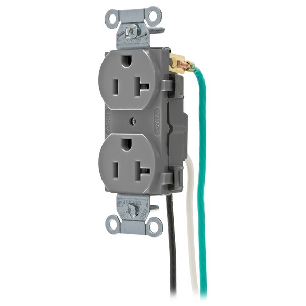 Hubbell Wiring Device-Kellems Straight Blade Devices, Receptacles, Duplex, Commercial Grade, 2-Pole 3-Wire Grounding, 20A 125V, 5-20R, Pre-Wired 8" Stranded Leads - CR20GRYP2