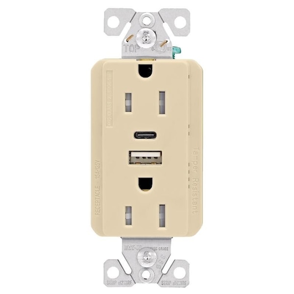 Eaton Wiring Devices TRUSBAC15 Receptacle, 2 Pole, 5 A, 125 VAC, 2 USB Port, Type A, C USB, Ivory - TRUSBAC15V-K-L