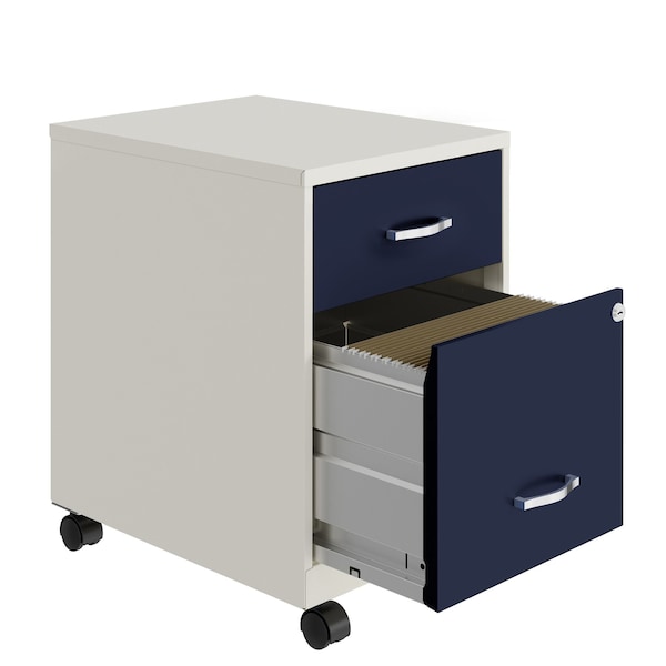 Space Solutions 14.25 in W 2 Drawer Mobile Vertical File Cabinet W/ Accessory Drawer, Pearl White / Navy - 25940