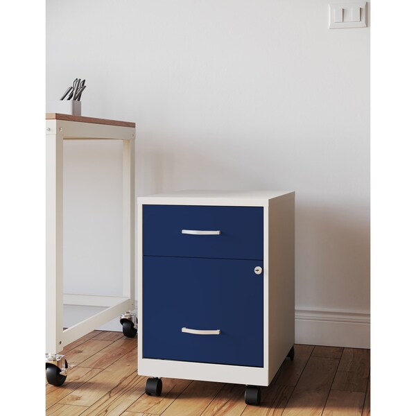 Space Solutions 14.25 in W 2 Drawer Mobile Vertical File Cabinet W/ Accessory Drawer, Pearl White / Navy - 25940