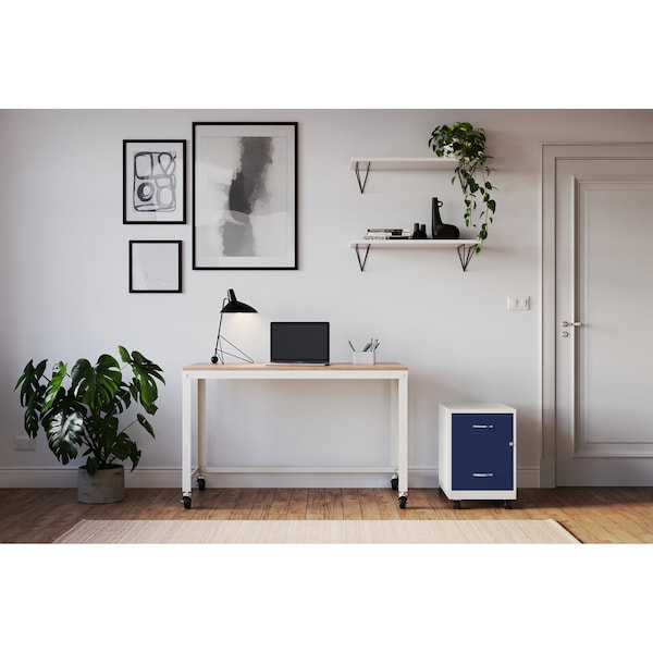 Space Solutions 14.25 in W 2 Drawer Mobile Vertical File Cabinet W/ Accessory Drawer, Pearl White / Navy - 25940