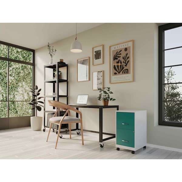 Space Solutions 14.25 in W 2 Drawer Mobile Vertical File Cabinet, Pearl White / Teal - 25333