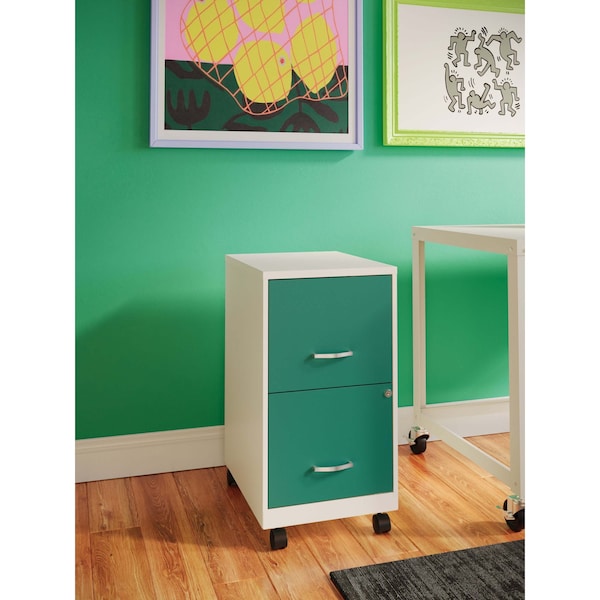 Space Solutions 14.25 in W 2 Drawer Mobile Vertical File Cabinet, Pearl White / Teal - 25333