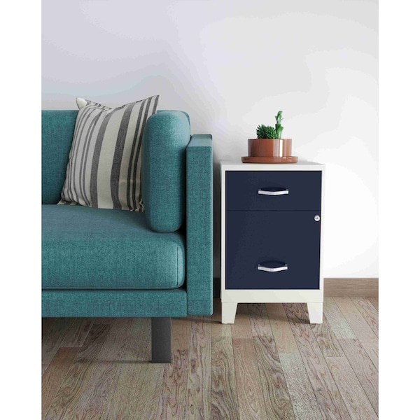 Space Solutions 14.25 in W 2 Drawer Vertical File Cabinet W/ Accessory Drawer & Legs, Pearl White / Navy - 25935