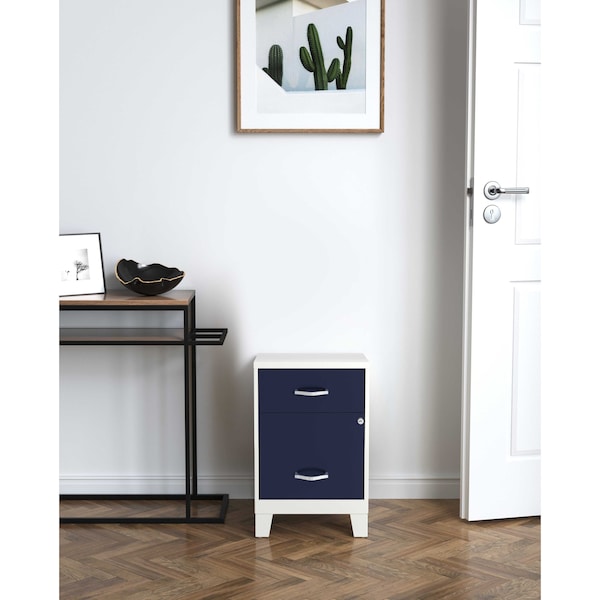Space Solutions 14.25 in W 2 Drawer Vertical File Cabinet W/ Accessory Drawer & Legs, Pearl White / Navy - 25935