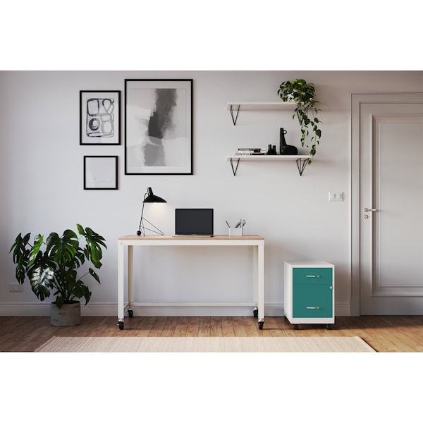 Space Solutions 14.25 in W 2 Drawer Mobile Vertical File Cabinet W/ Accessory Drawer, Pearl White / Teal - 25939