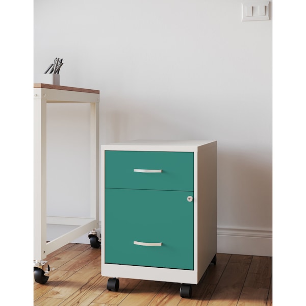 Space Solutions 14.25 in W 2 Drawer Mobile Vertical File Cabinet W/ Accessory Drawer, Pearl White / Teal - 25939