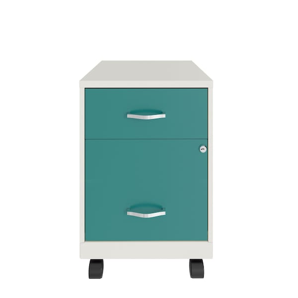 Space Solutions 14.25 in W 2 Drawer Mobile Vertical File Cabinet W/ Accessory Drawer, Pearl White / Teal - 25939