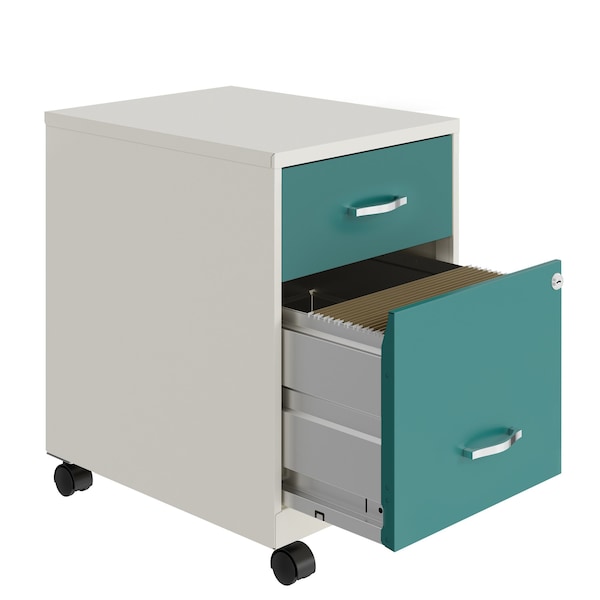 Space Solutions 14.25 in W 2 Drawer Mobile Vertical File Cabinet W/ Accessory Drawer, Pearl White / Teal - 25939