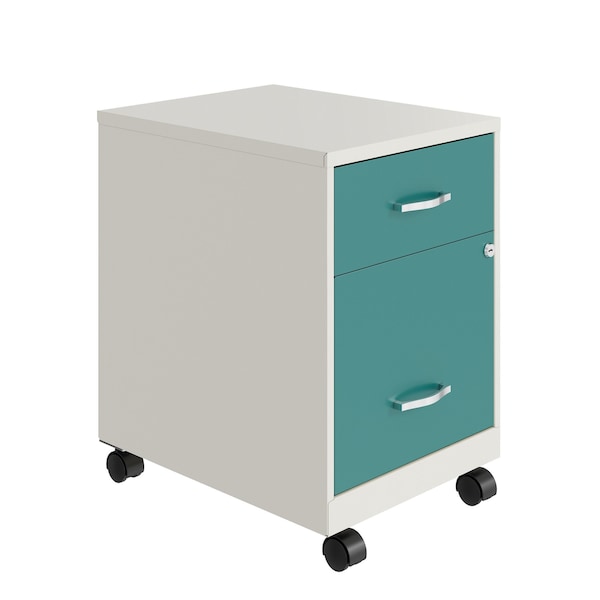 Space Solutions 14.25 in W 2 Drawer Mobile Vertical File Cabinet W/ Accessory Drawer, Pearl White / Teal - 25939