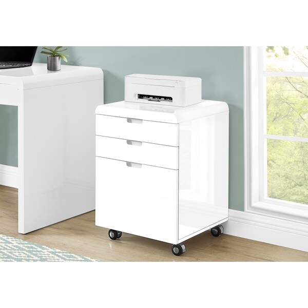 Monarch Specialties File Cabinet, Rolling Mobile, Storage Drawers, Printer Stand, Office, Work, Laminate, Glossy White - I 7583