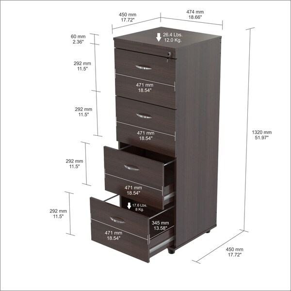 Inval File Cabinet 18.66 in W x 17.72 in D x 51.97 in H in Espresso - AR-4X4R