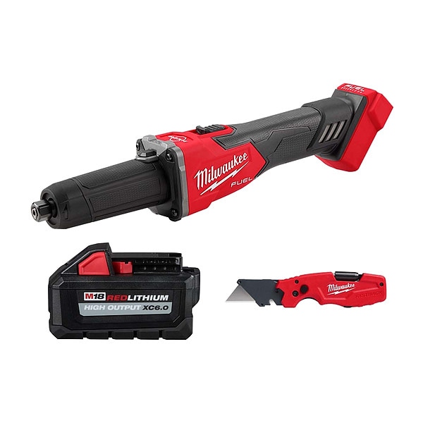 Milwaukee Tool M18 Die Grinder + XC6.0 Battery + Knife - 2939-20, 48-11-1865, 48-22-1505