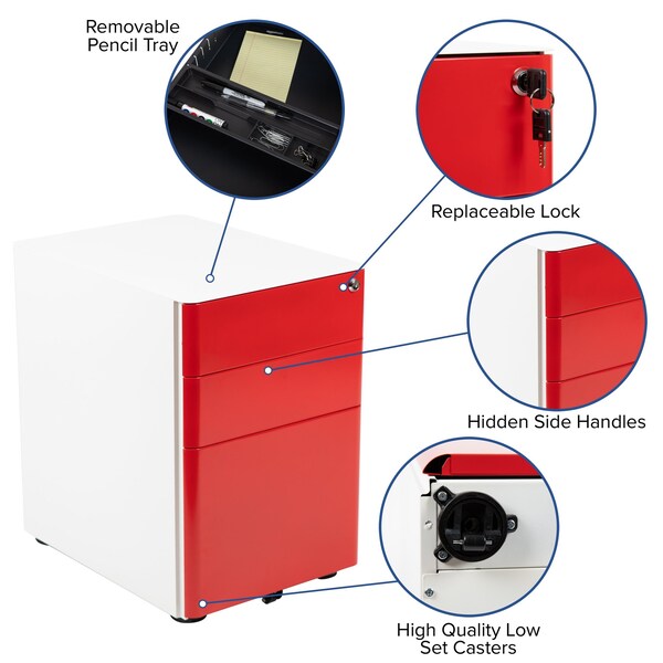 Flash Furniture 3-Drawer Filing Cabinet, White/Red - HZ-CHPL-02-RED-WH-GG