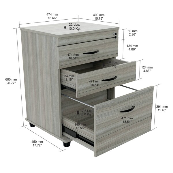 Inval File Cabinet 18.66 in W x 15.75 in D x 26.77 in H in Smoke Oak - AR-3X1RH
