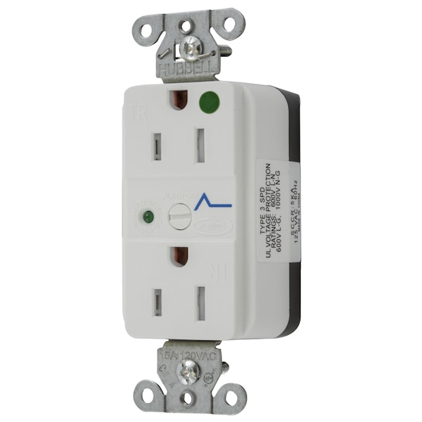 Hubbell Wiring Device-Kellems Straight Blade Devices, Decorator Duplex Receptacle, Hospital Grade, SNAP-Connect, Surge supression, Tamper Resistant, LED Indicator, 15A 125V - SNAP8262WS