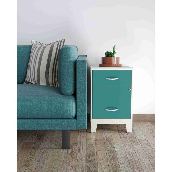 Space Solutions 14.25 in W 2 Drawer Vertical File Cabinet W/ Accessory Drawer & Legs, Pearl White / Teal - 25934
