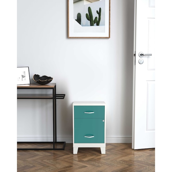 Space Solutions 14.25 in W 2 Drawer Vertical File Cabinet W/ Accessory Drawer & Legs, Pearl White / Teal - 25934
