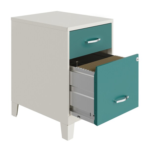 Space Solutions 14.25 in W 2 Drawer Vertical File Cabinet W/ Accessory Drawer & Legs, Pearl White / Teal - 25934
