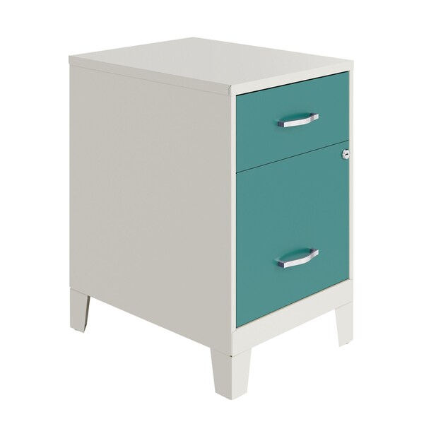 Space Solutions 14.25 in W 2 Drawer Vertical File Cabinet W/ Accessory Drawer & Legs, Pearl White / Teal - 25934