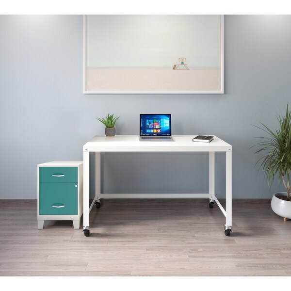 Space Solutions 14.25 in W 2 Drawer Vertical File Cabinet W/ Accessory Drawer & Legs, Pearl White / Teal - 25934