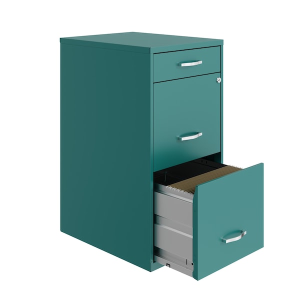 Space Solutions 14.25 in W 3 Drawer Vertical File Cabinet W/ Pencil Drawer, Teal - 24415