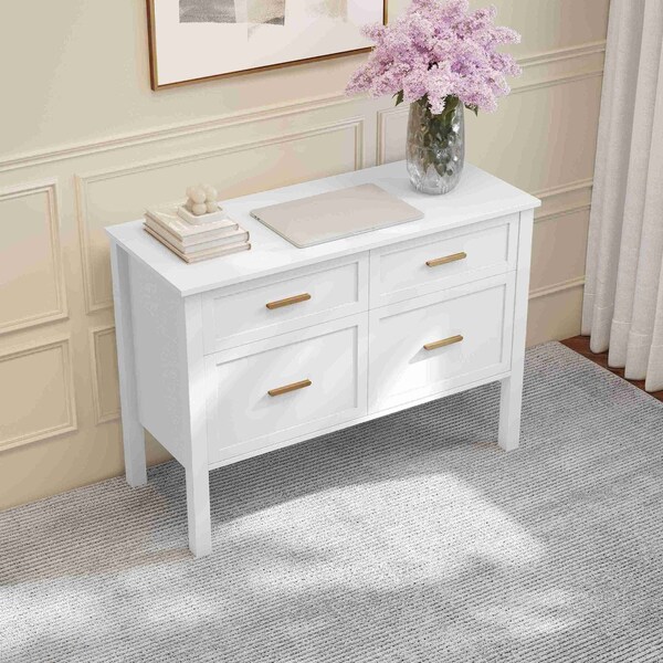 Martha Stewart Hutton Shaker Style Home Office 4 Drawer Lateral File Cabinet in White w/Polished Brass Hardware - ZG-ZP-13-WH-GLD-MS