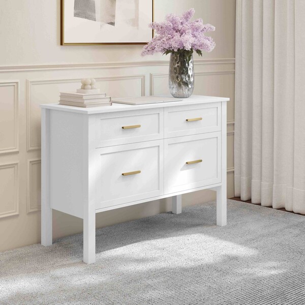 Martha Stewart Hutton Shaker Style Home Office 4 Drawer Lateral File Cabinet in White w/Polished Brass Hardware - ZG-ZP-13-WH-GLD-MS