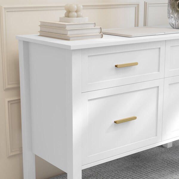 Martha Stewart Hutton Shaker Style Home Office 4 Drawer Lateral File Cabinet in White w/Polished Brass Hardware - ZG-ZP-13-WH-GLD-MS