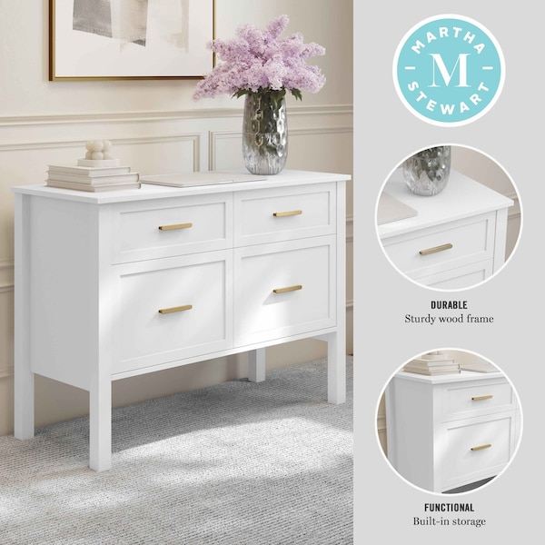 Martha Stewart Hutton Shaker Style Home Office 4 Drawer Lateral File Cabinet in White w/Polished Brass Hardware - ZG-ZP-13-WH-GLD-MS
