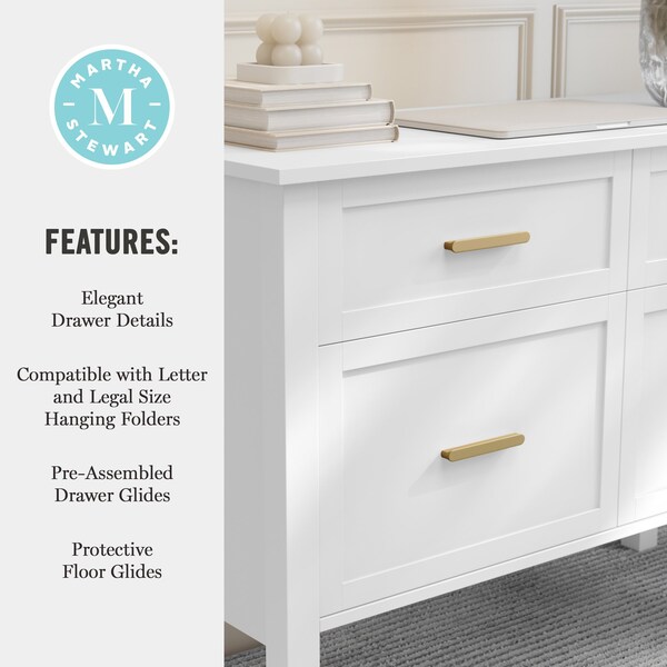 Martha Stewart Hutton Shaker Style Home Office 4 Drawer Lateral File Cabinet in White w/Polished Brass Hardware - ZG-ZP-13-WH-GLD-MS