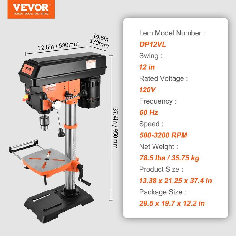 VEVOR 12 in. Benchtop Drill Press 5 Amp Variable Speed Cast Iron Bench Drill Press 12 in. Swing Distance for Wood Metal - TSZCBS50A12MIPNMTV1